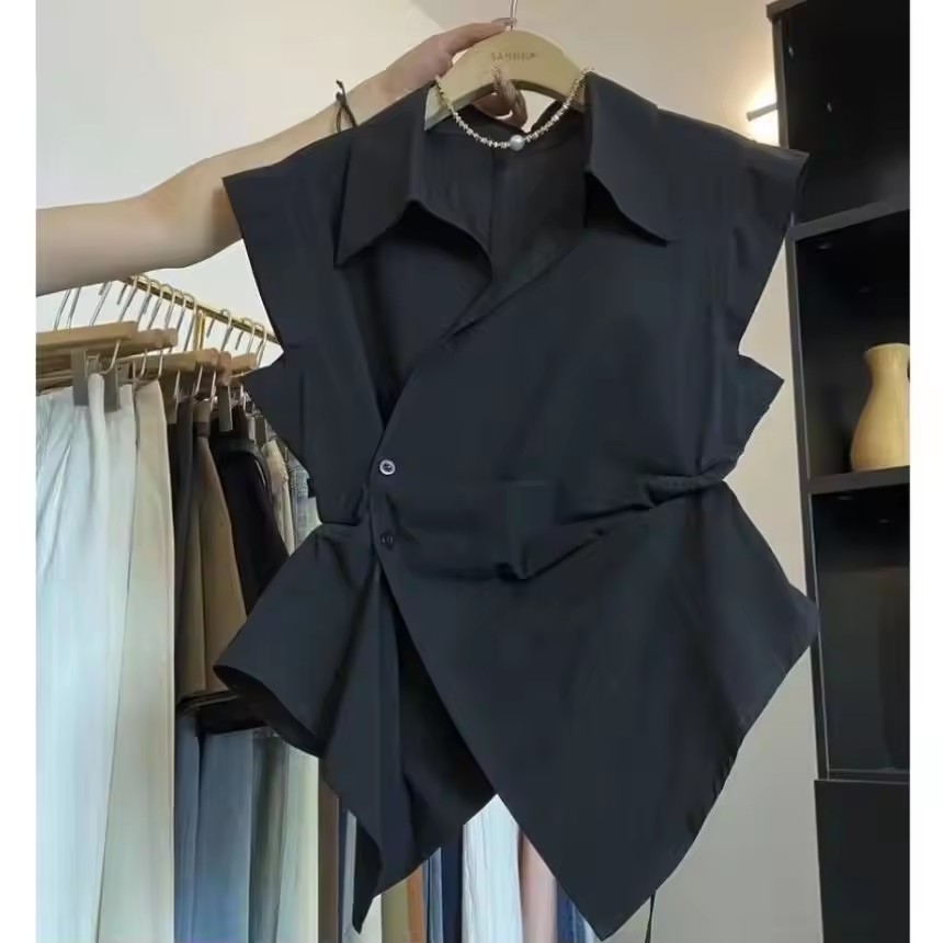 Polo Shirt Slim - French Solid Color Pleated Irregular POLO