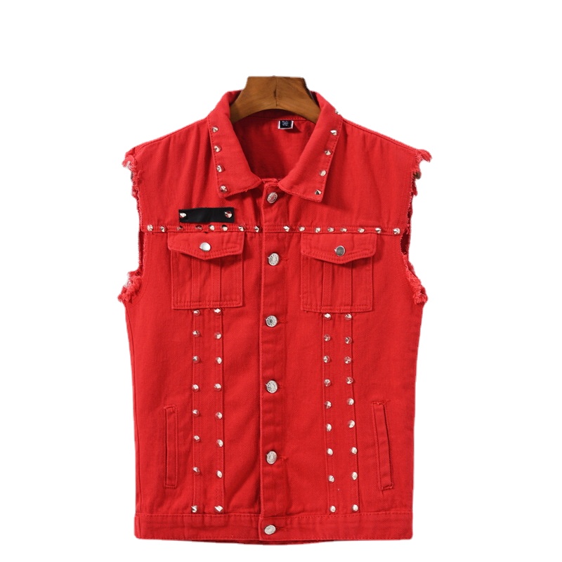 Men'S Fashion Vest With Jeans - Men Rivet Punk Style Denim Vests