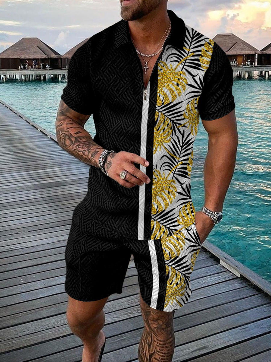 Men'S Fashion Polo - Hawaiian Coconut Tree Print Men's Sets