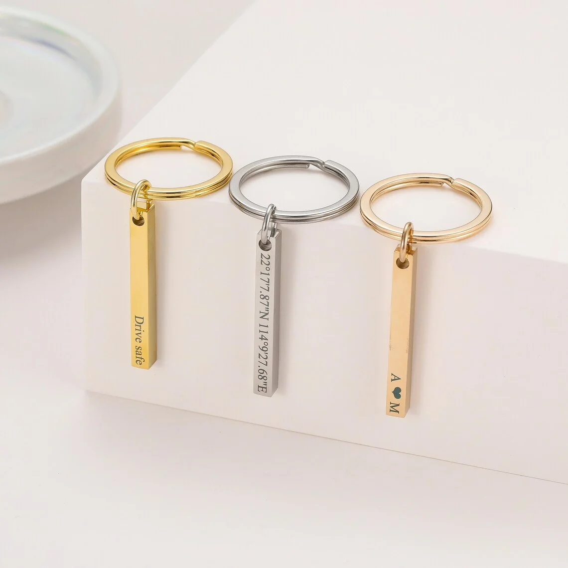 Men'S Fashion Gold Chain - Personalized Engraved Bar Keychain Stainless Steel