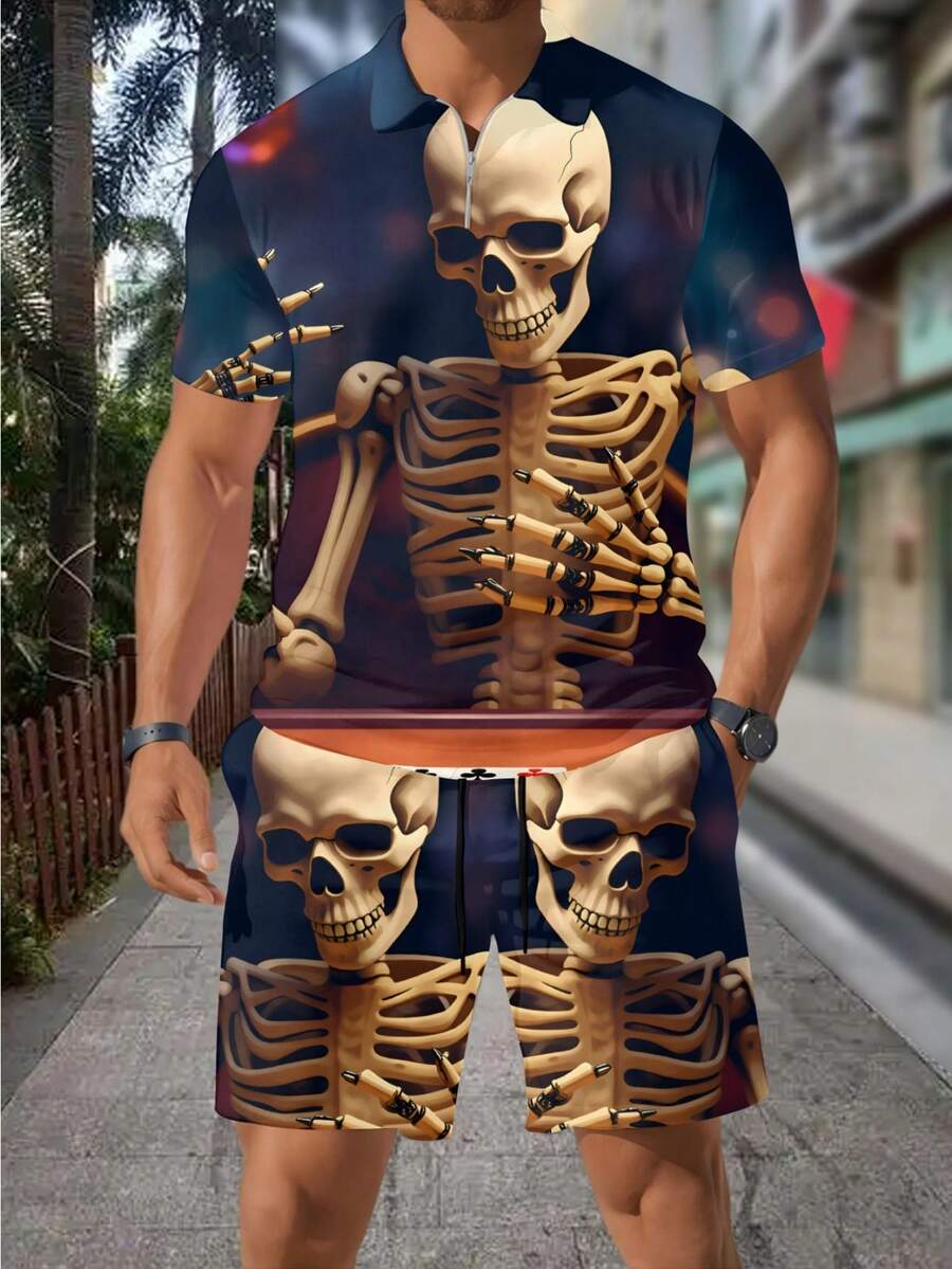 3D Skull Skeleton Bullet Print - Men'S Fashion Polo ulasan dan harga