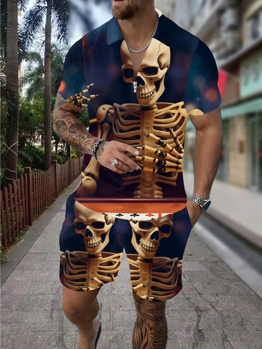 3D Skull Skeleton Bullet Print - Men'S Fashion Polo ulasan dan harga