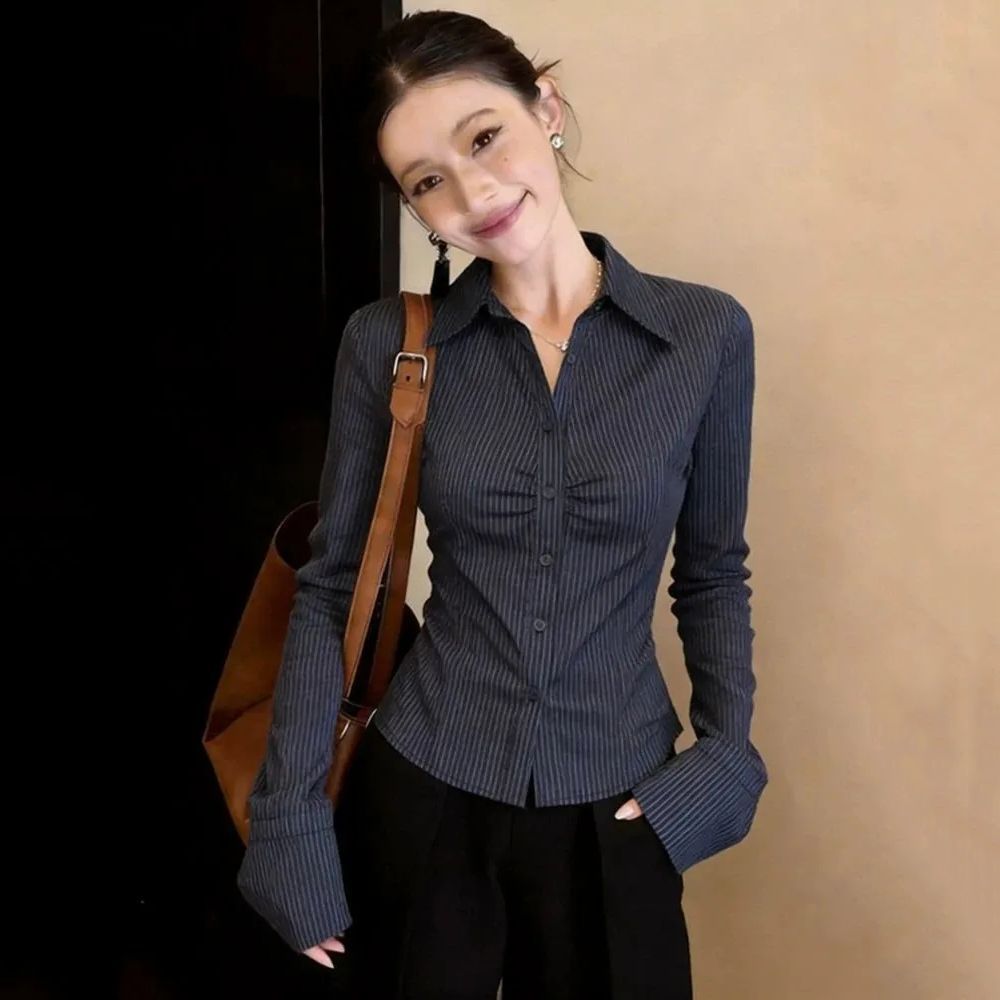 Navy Blue Striped Long Sleeve  - Polo Shirt Slim ulasan dan harga