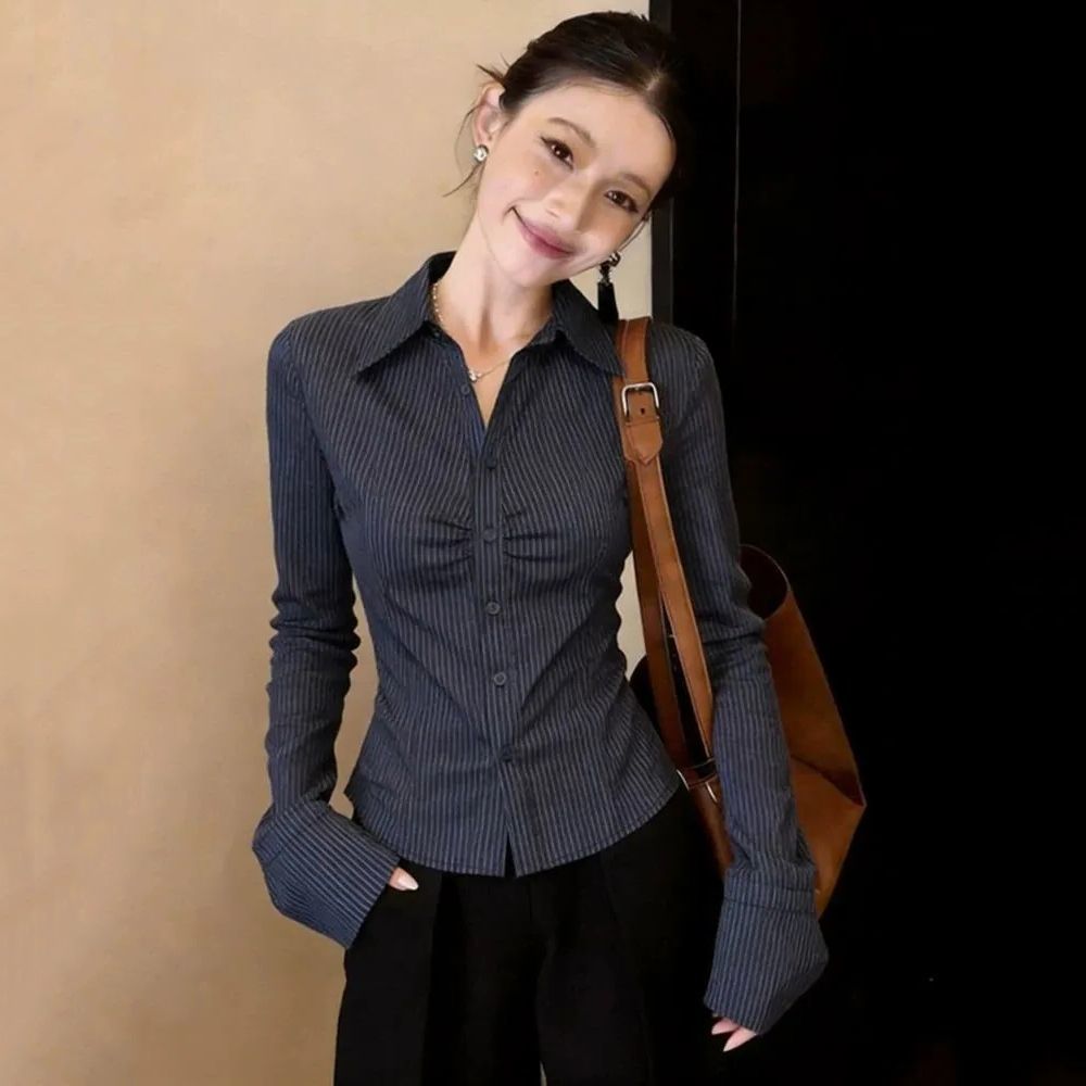 Navy Blue Striped Long Sleeve  - Polo Shirt Slim ulasan dan harga