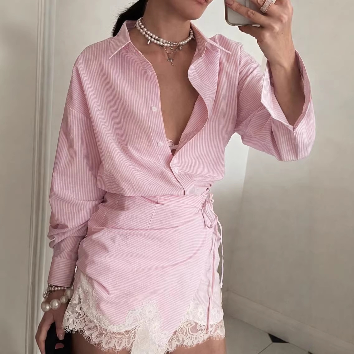 Women's Lace Striped Long Slee - Polo Shirt Slim ulasan dan harga